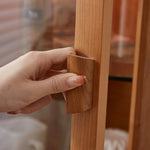 Elegant Natural Cherry Wood Cabinet with Glass Doors and Rattan Accents fcp-1306