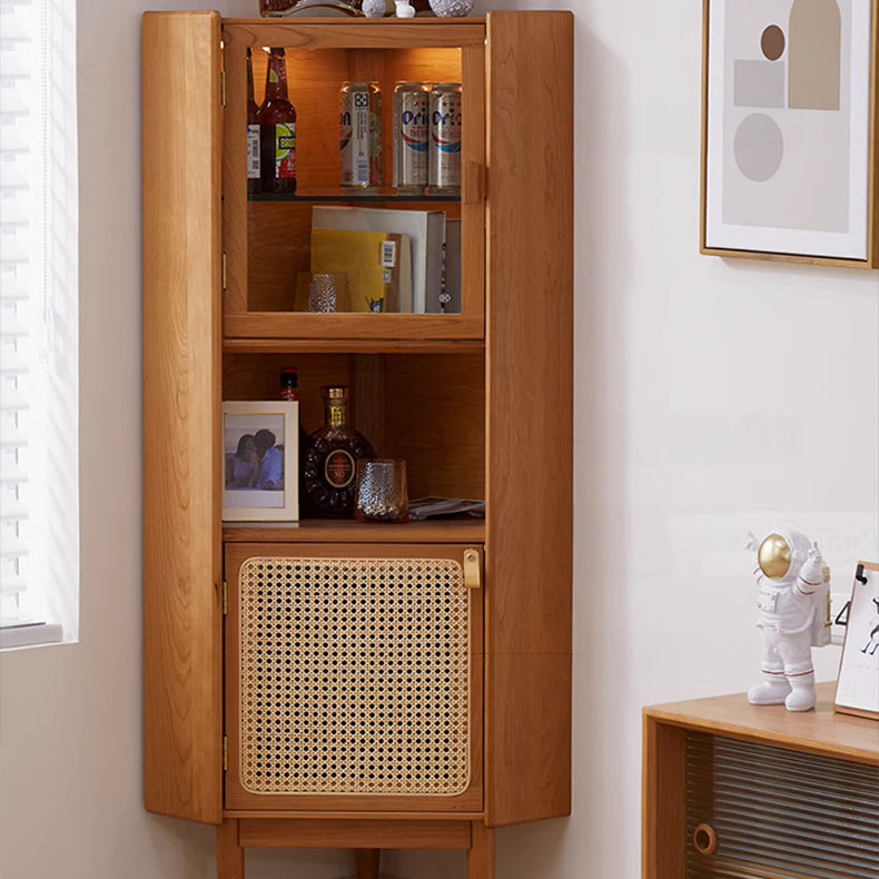 Elegant Natural Cherry Wood Cabinet with Glass Doors and Rattan Accents fcp-1306