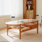 Elegant Natural Cherry Wood and Rattan Tea Table - Handcrafted Accent Furniture fcp-1320