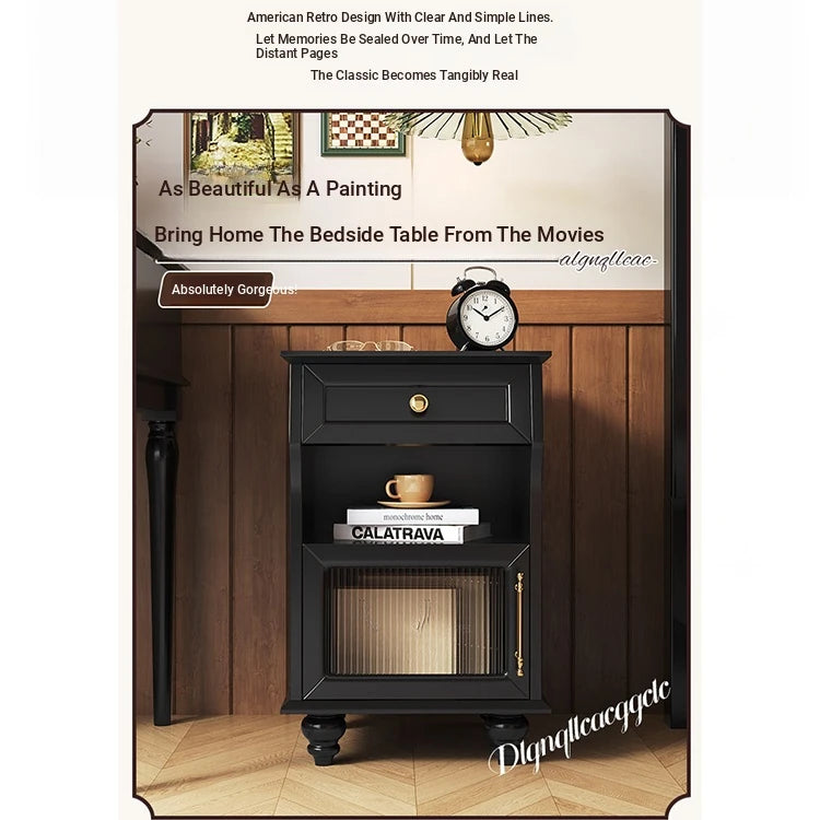 Stylish Black Bedside Cupboard with Drawer and Glass Door - Multi-layer Board Furniture for Bedroom Storage fcr-4830