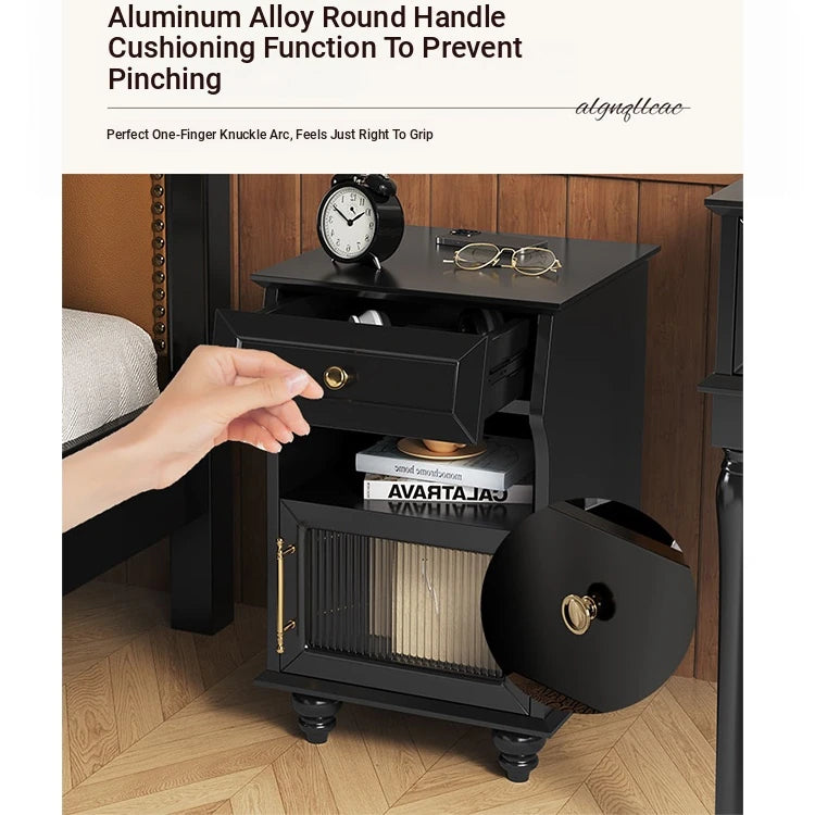 Stylish Black Bedside Cupboard with Drawer and Glass Door - Multi-layer Board Furniture for Bedroom Storage fcr-4830