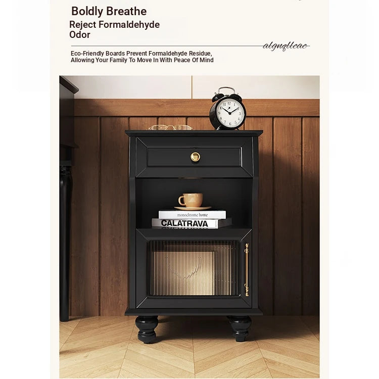 Stylish Black Bedside Cupboard with Drawer and Glass Door - Multi-layer Board Furniture for Bedroom Storage fcr-4830
