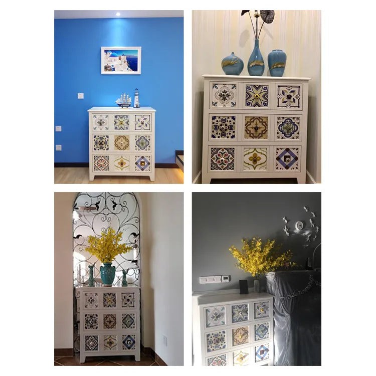 Solid Wood Ceramic Patterned Cabinet - Vintage Style Drawers for Elegant Home Decor fcwz-2349