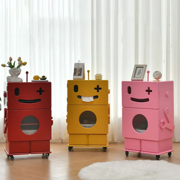 Colorful Robot-Themed Cabinet with Wheels - Creative Storage Solution for Kids' Rooms, Density Board Glass fcwz-2367
