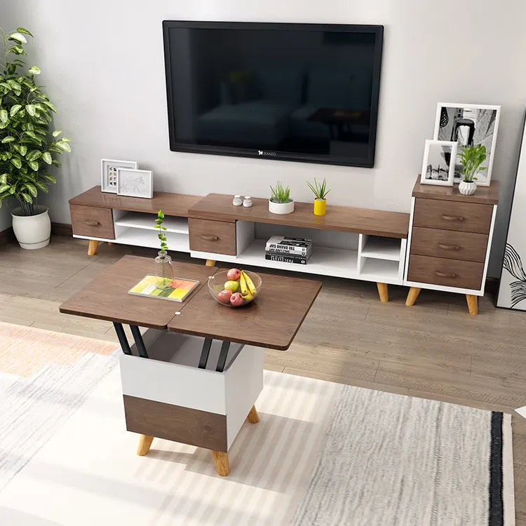 Multi-layer Oak Tea Table with Adjustable Design and Brass Accents fcx-2585