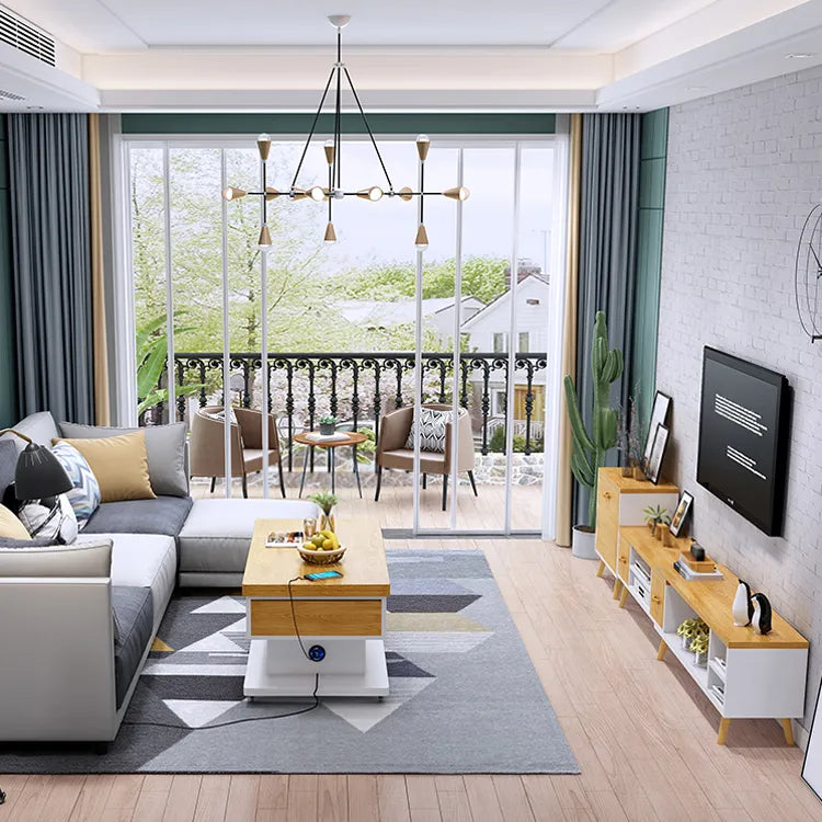 Modern Wooden Tea Table with Storage and Adjustable Height for Living Room fcx-2592