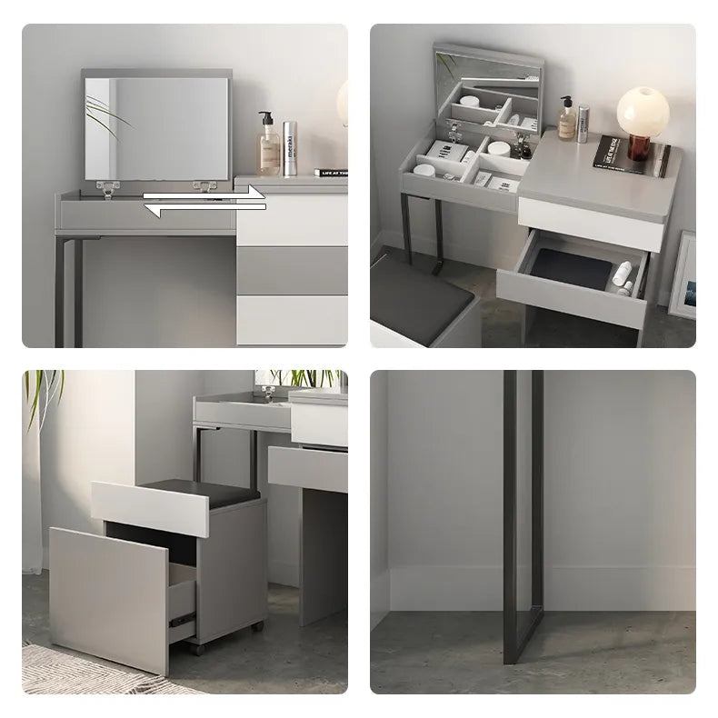 Sleek Glass Makeup Table with Synthetic Leather Stool – Modern Vanity Set for Elegant Spaces fcx-2594