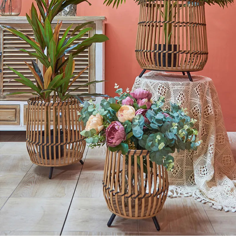 Stylish Rattan Weaving Solid Wood Storage Rack for Indoor Decor fczym-2317