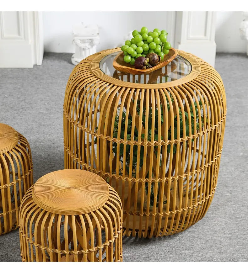 Modern Rattan Weaving Tea Table with Tempered Glass Top – Stylish and Functional Furniture Piece fczym-2339