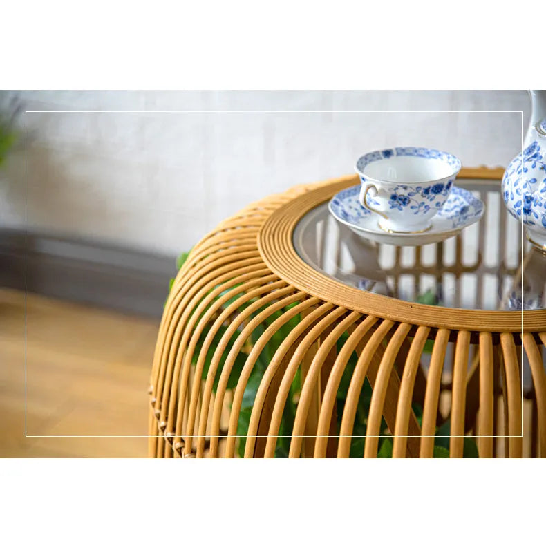 Modern Rattan Weaving Tea Table with Tempered Glass Top – Stylish and Functional Furniture Piece fczym-2339