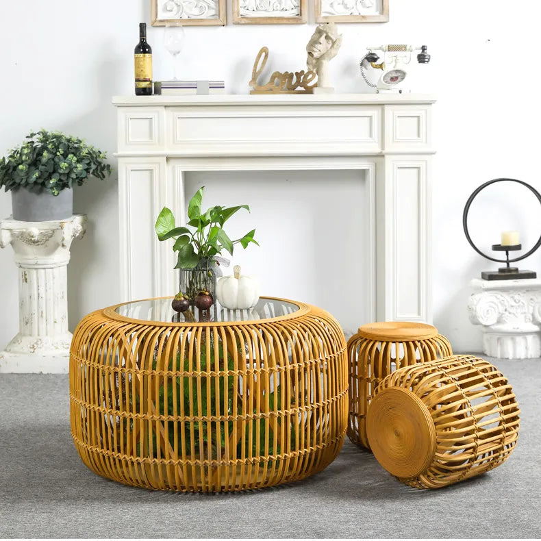 Modern Rattan Weaving Tea Table with Tempered Glass Top – Stylish and Functional Furniture Piece fczym-2339