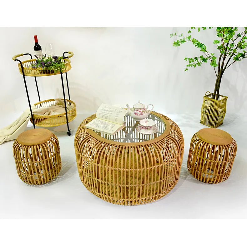 Modern Rattan Weaving Tea Table with Tempered Glass Top – Stylish and Functional Furniture Piece fczym-2339