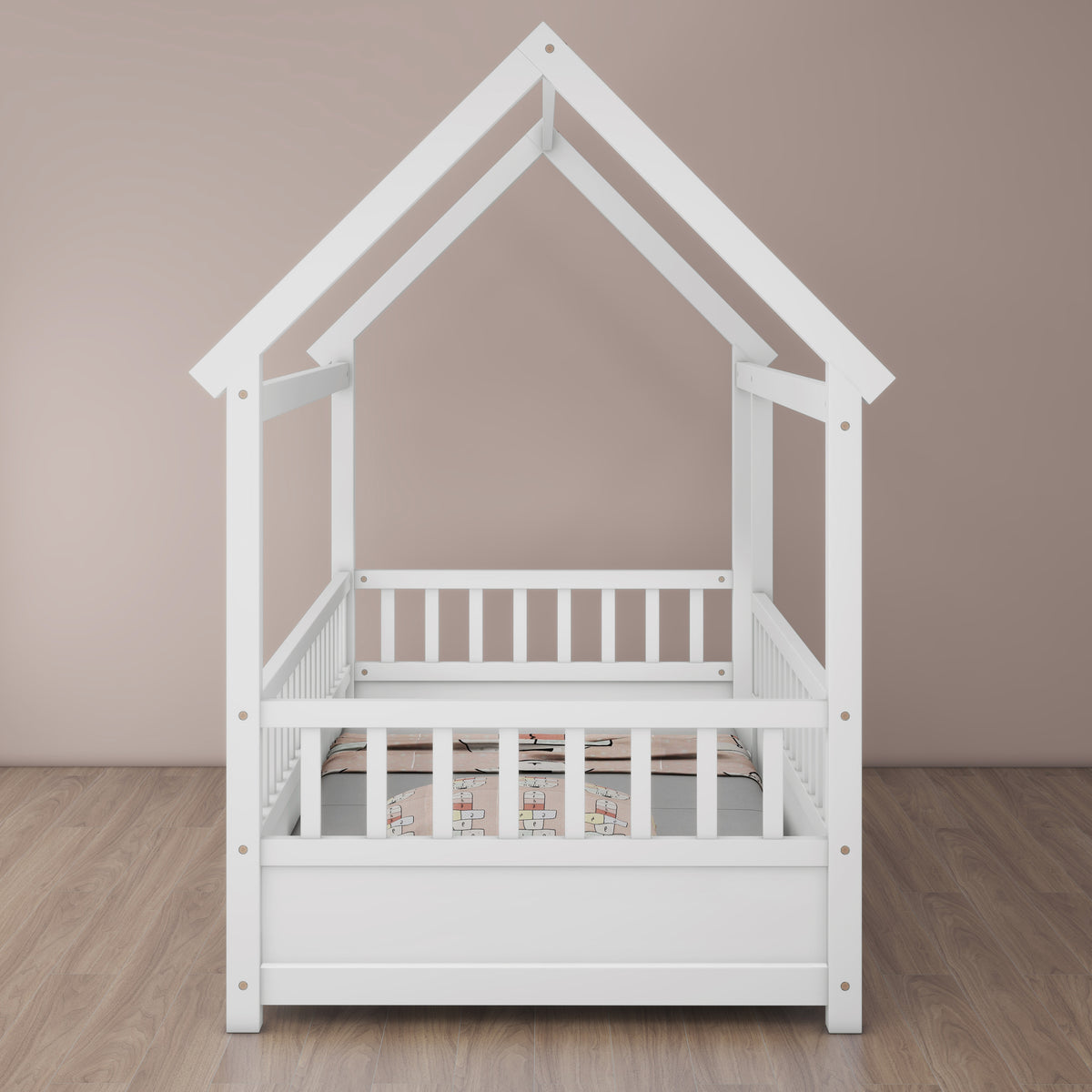 Twin Size Floor Wooden Bed with House Roof Frame, Fence Guardrails,White W1858123984-djyc