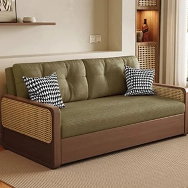 Stylish Solid Wood Sofa with Corduroy Cushions and Rattan Accents - Perfect for Modern Living Rooms fdh-3111