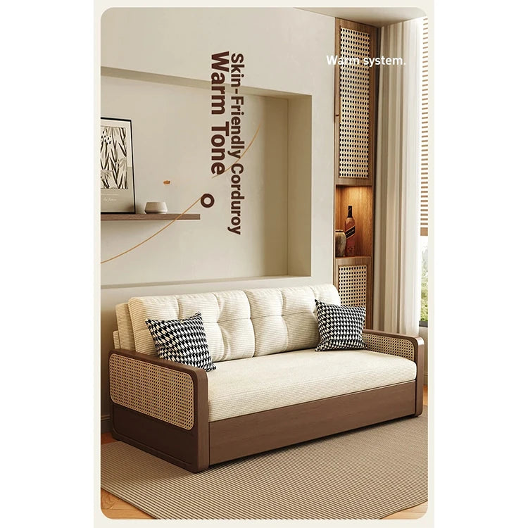 Stylish Solid Wood Sofa with Corduroy Cushions and Rattan Accents - Perfect for Modern Living Rooms fdh-3111