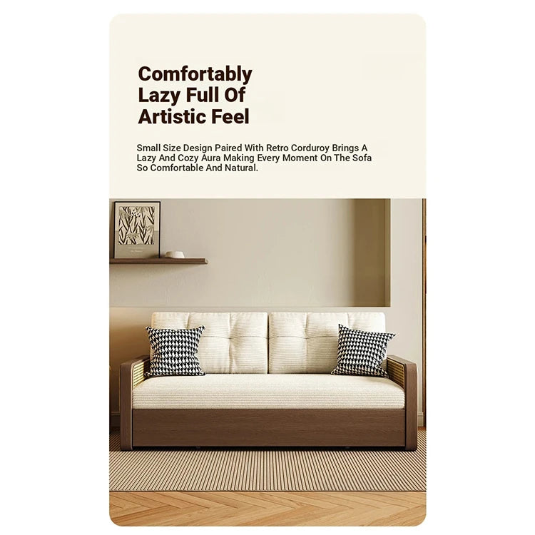 Stylish Solid Wood Sofa with Corduroy Cushions and Rattan Accents - Perfect for Modern Living Rooms fdh-3111