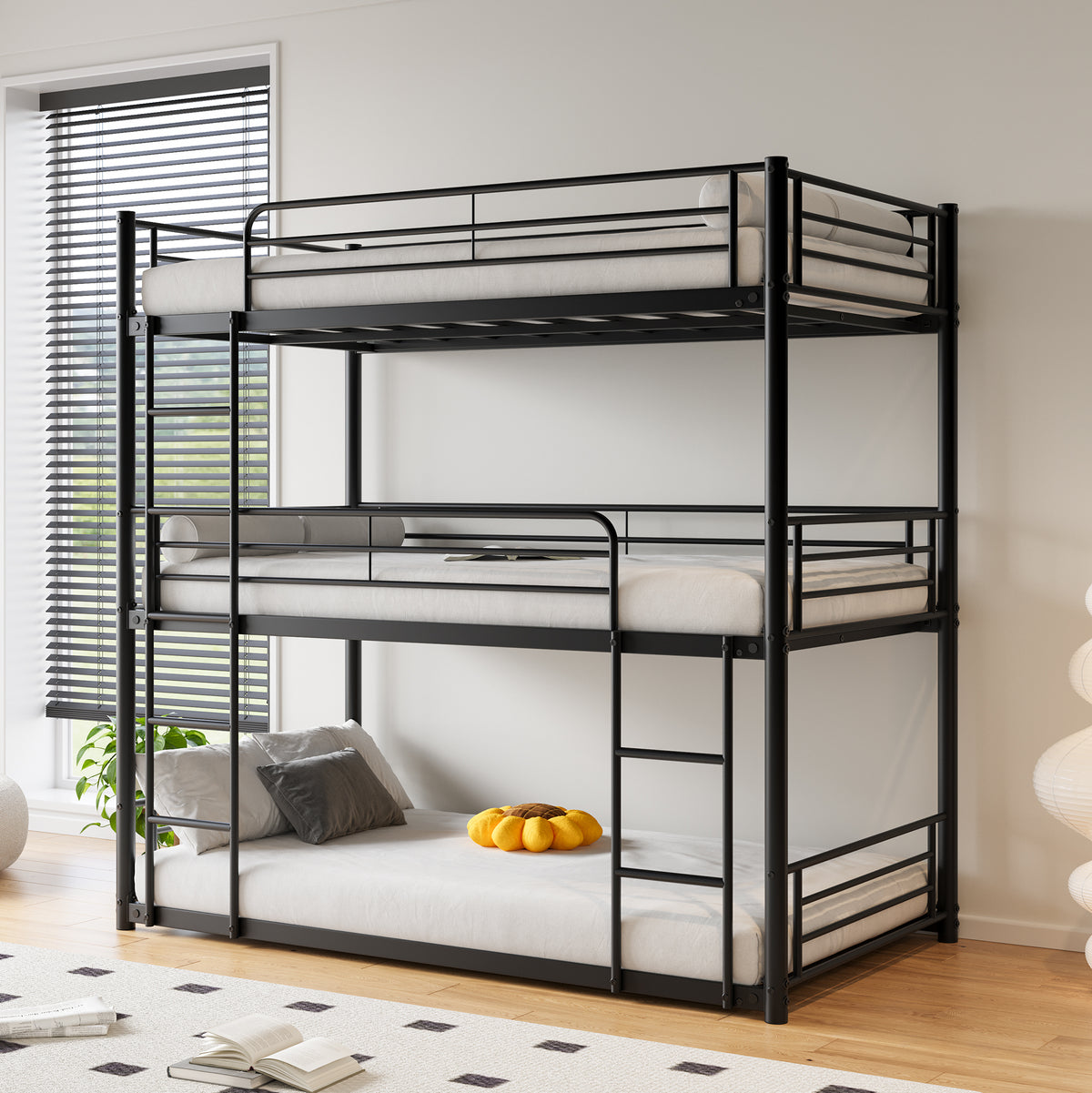 Triple Twin Bunk Beds, Twin Over Twin Over Twin Metal Bunk Bed Platform Frame, Two Attached Ladders, Easy Access Guard-Rail, No Box Spring Need (Black) W840P209935-djyc