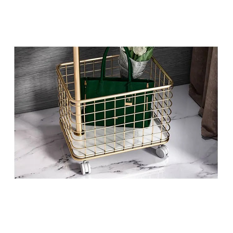 Stylish Gold Metal Coat Hanger with Storage Basket - Elegant Clothing Rack for Modern Bedrooms fel-1974