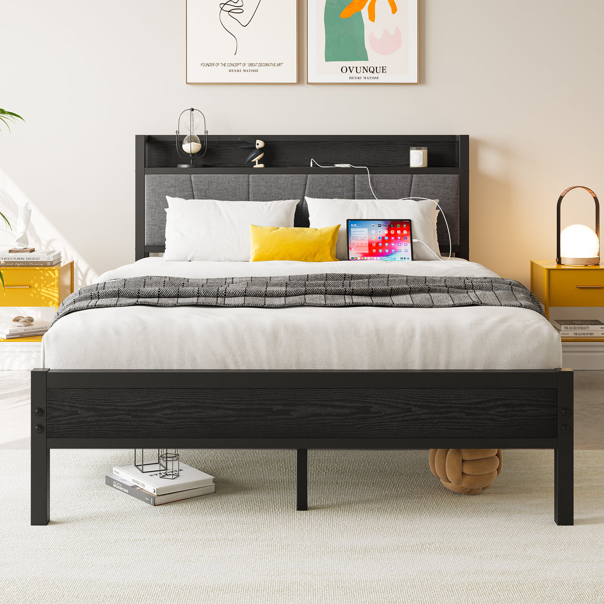 Full Size Bed Frame, Storage Headboard with Charging Station, Solid and Stable, Noise Free, No Box Spring Needed, Easy Assembly W840P179122-djyc