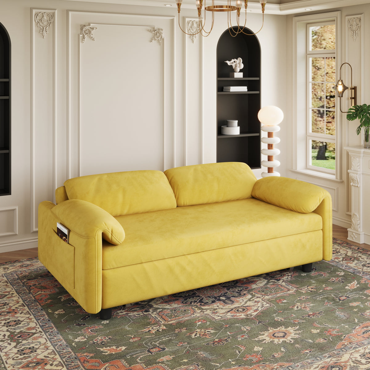 Dual-Purpose Velvet Sofa Bed: Elegant Yellow Sofa Transforms into a Retractable Bed for Your Living Room W1278P152680-djyc