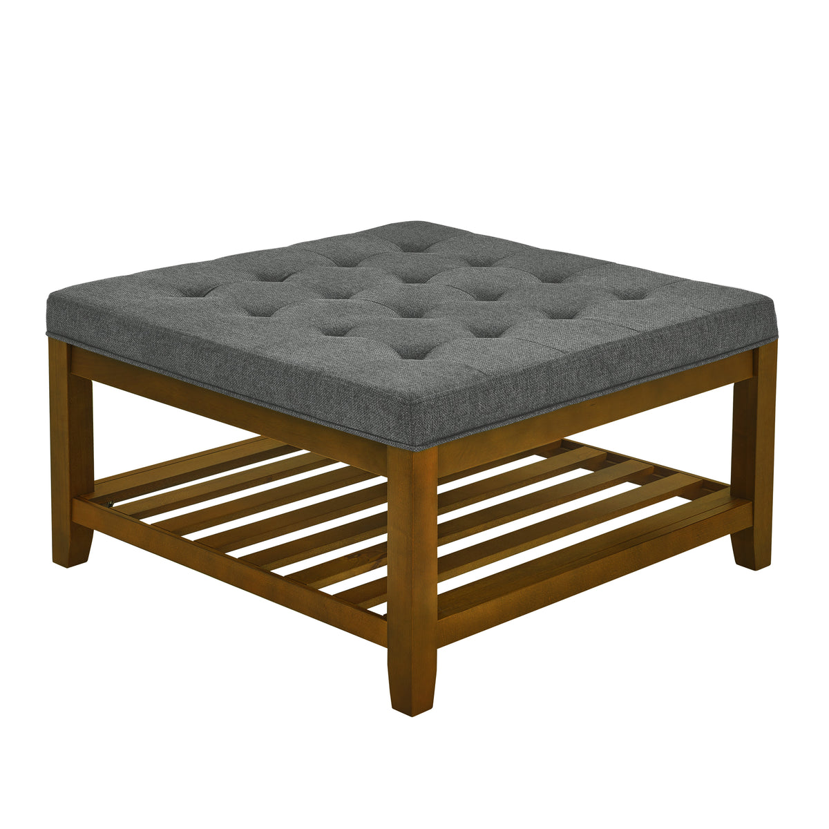 Upholstered Coffee Table Tufted Linen Large Square Ottoman with Beech Wood Shelf and Frame, Oversized Footrest Ottoman for Living Room, Dark Gray W2353P183798-djyc