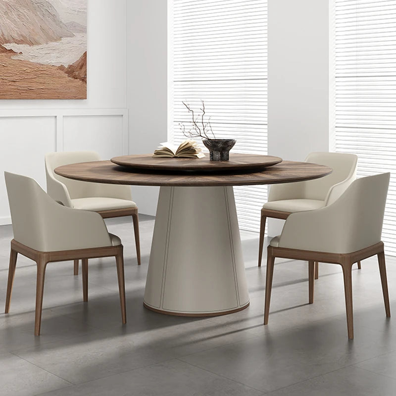 Elegant Round Solid Wood Dining Table with Synthetic Leather Base - Modern Multi-Layer Design for Chic Interiors fhmj-5034