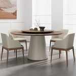 Elegant Round Solid Wood Dining Table with Synthetic Leather Base - Modern Multi-Layer Design for Chic Interiors fhmj-5034