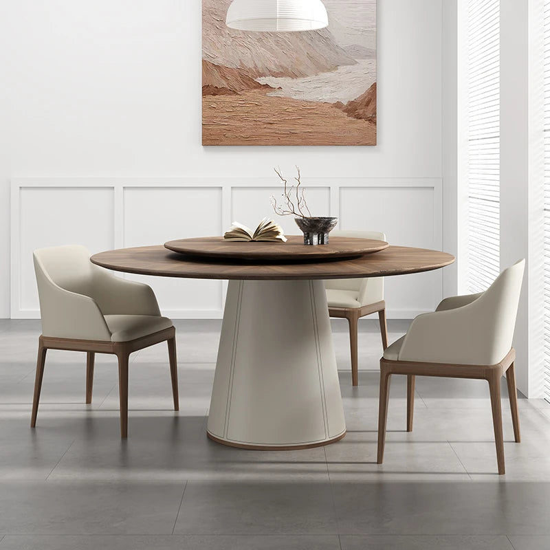 Elegant Round Solid Wood Dining Table with Synthetic Leather Base - Modern Multi-Layer Design for Chic Interiors fhmj-5034