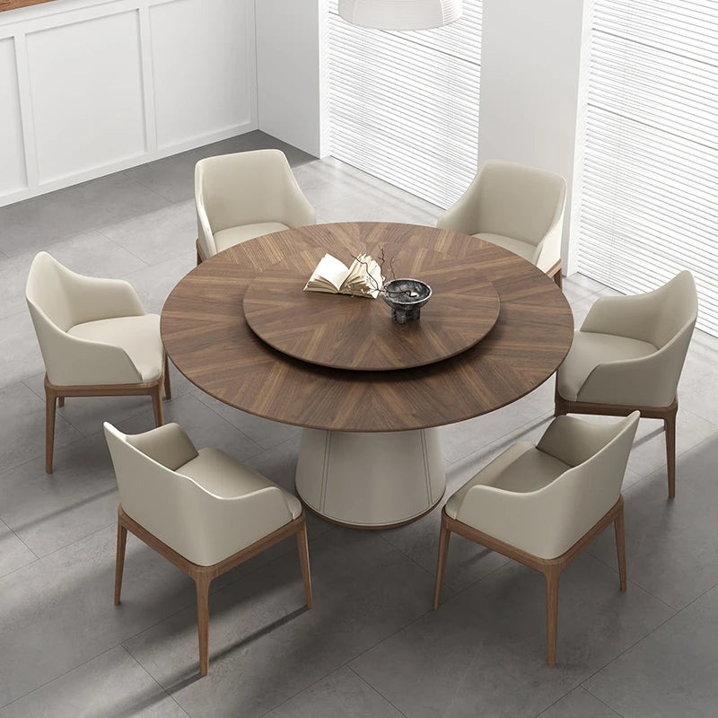Elegant Round Solid Wood Dining Table with Synthetic Leather Base - Modern Multi-Layer Design for Chic Interiors fhmj-5034