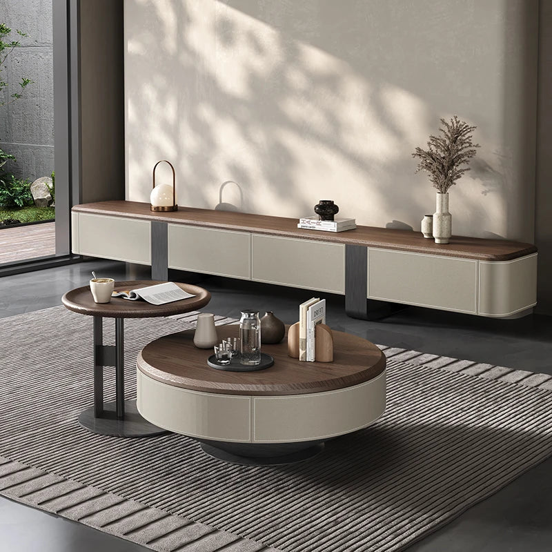 Elegant Solid Wood Coffee Table Set with Multi-layer Top and Synthetic Leather Finish - Perfect for Modern Living Rooms fhmj-5040