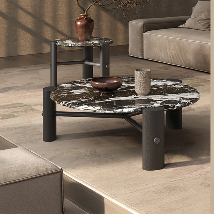 Elegant Round Solid Wood and Marble Coffee Table Set - Modern Design for Living Room Décor fhmj-5044