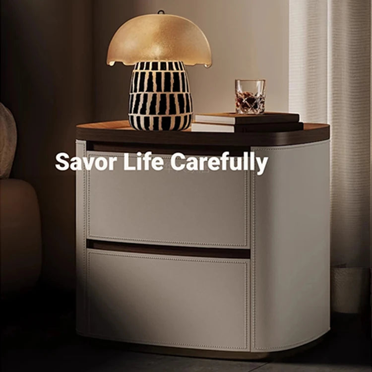 Elegant Bedside Cupboard with Sintered Stone Top and Synthetic Leather Finish - Modern Nightstand for Stylish Bedroom Decor fhx-4574