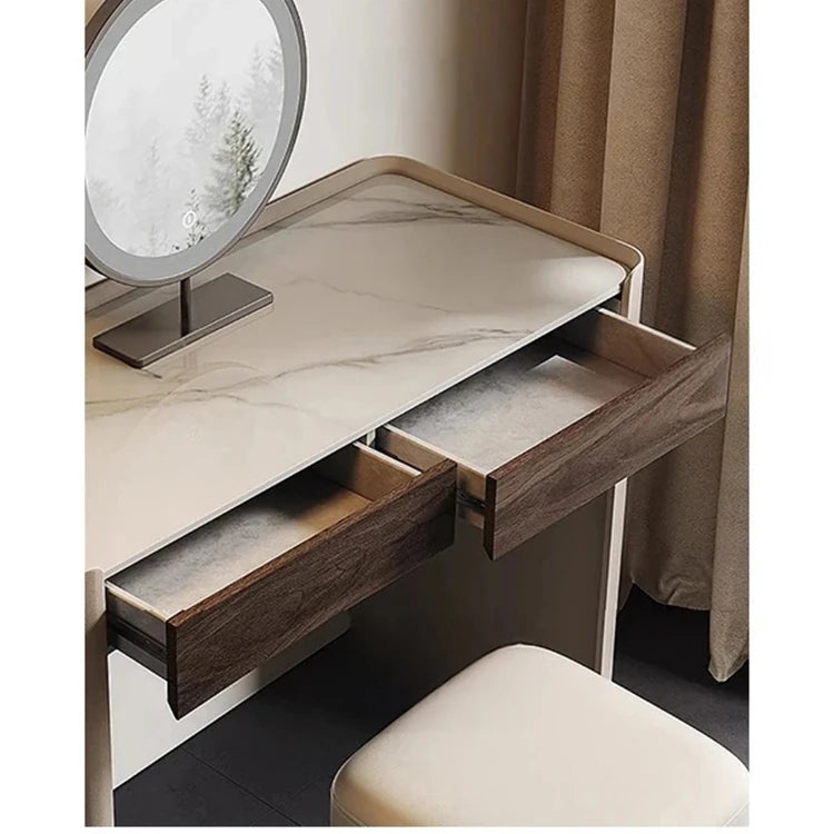 Sleek Makeup Table with Sintered Stone Top and Synthetic Leather Finish – Elegant Vanity Desk for Modern Spaces fhx-4575