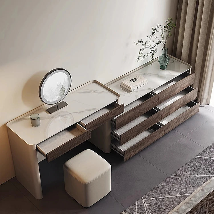 Modern Makeup Table with Sintered Stone Top and Synthetic Leather Finish - Elegant Vanity Desk for Chic Home Décor fhx-4577
