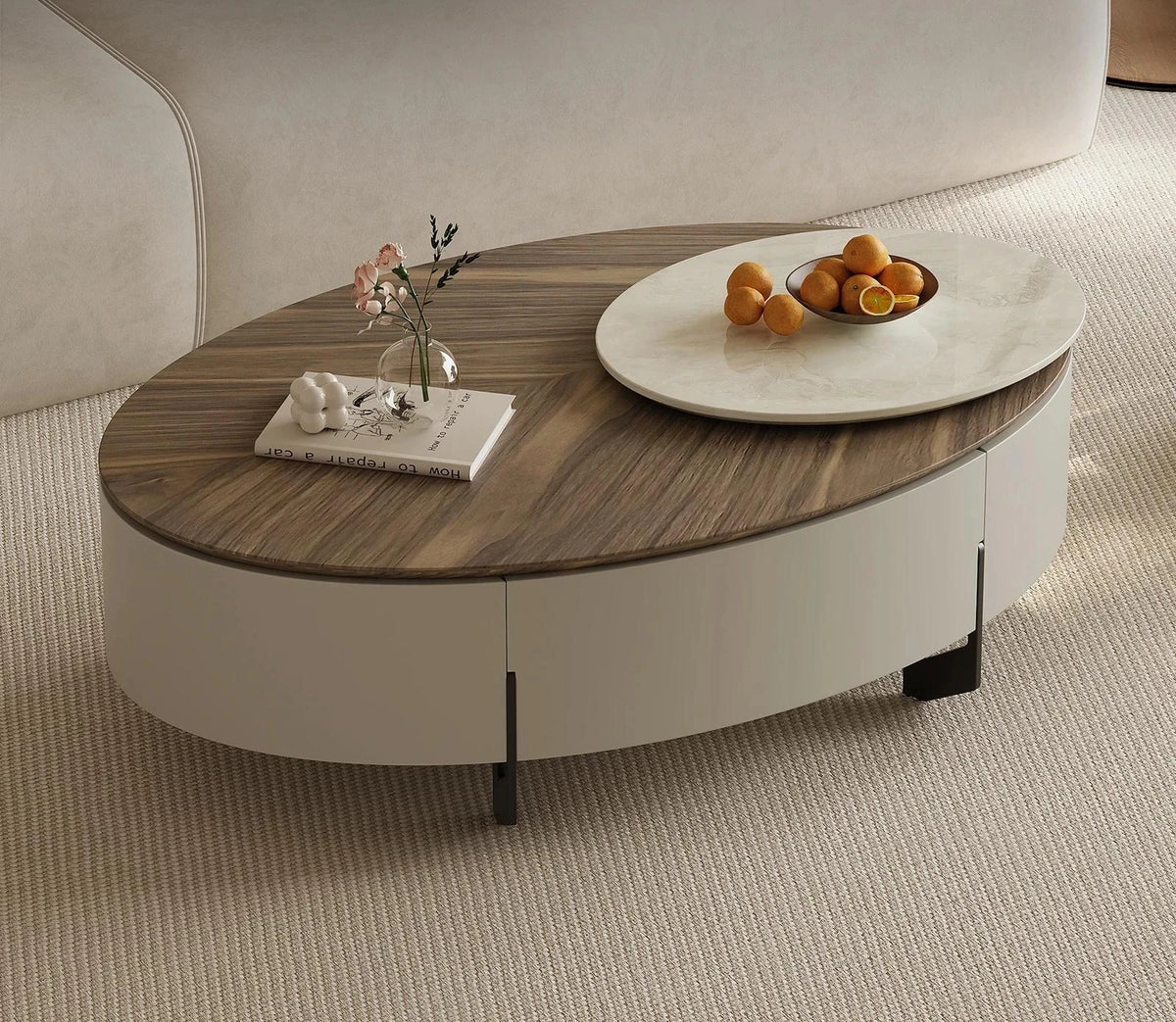 Modern Oval Coffee Table with Marble Pine Top and Storage - Stylish Living Room Furniture fjd-4710