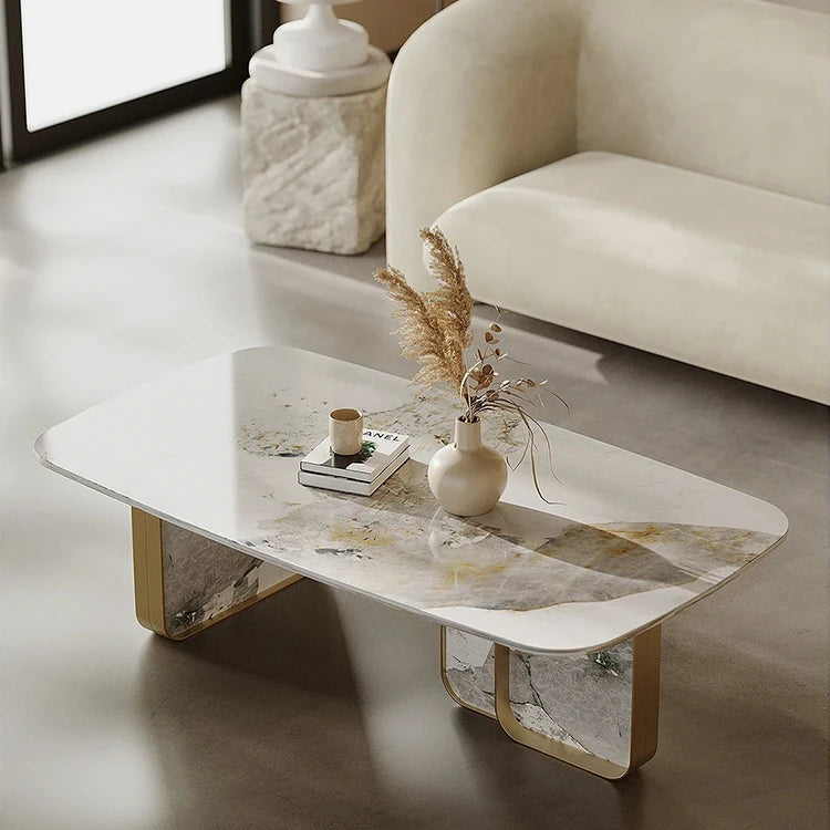 Sleek Sintered Stone Coffee Table with Stylish Stainless Glass Base – Modern Living Room Centerpiece fjd-4719