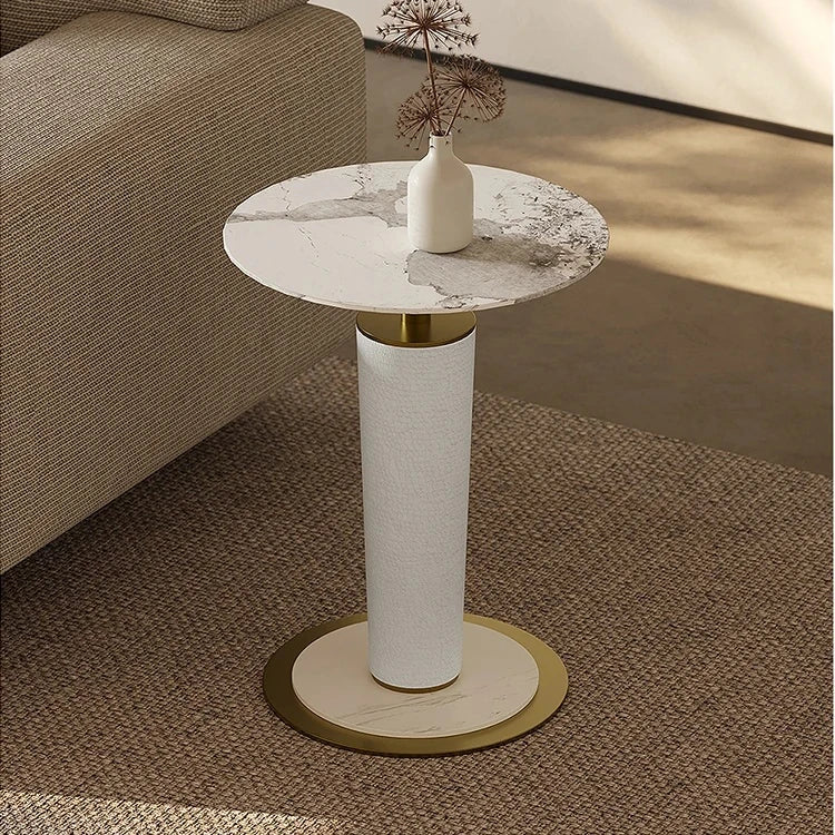 Elegant Sintered Stone Coffee Table with Synthetic Leather Base and Gold Accents - Modern Centerpiece for Living Room Decor fjd-4725
