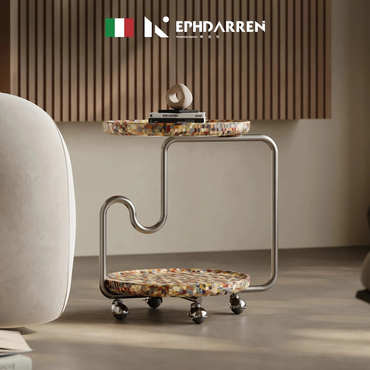Stylish Modern Coffee Table with Unique Design - Durable Density Board and Stainless Steel Construction, Rolling Wheels for Easy Mobility fjd-4726
