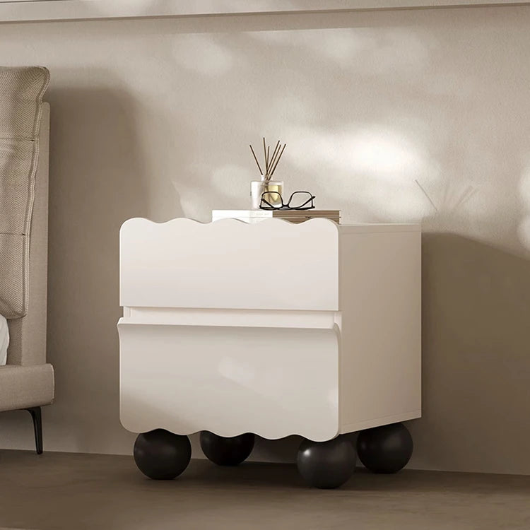 Chic White Bedside Cupboard with Stylish Scalloped Design and Black Ball Feet - Modern Density Board Pine Furniture fjd-4736