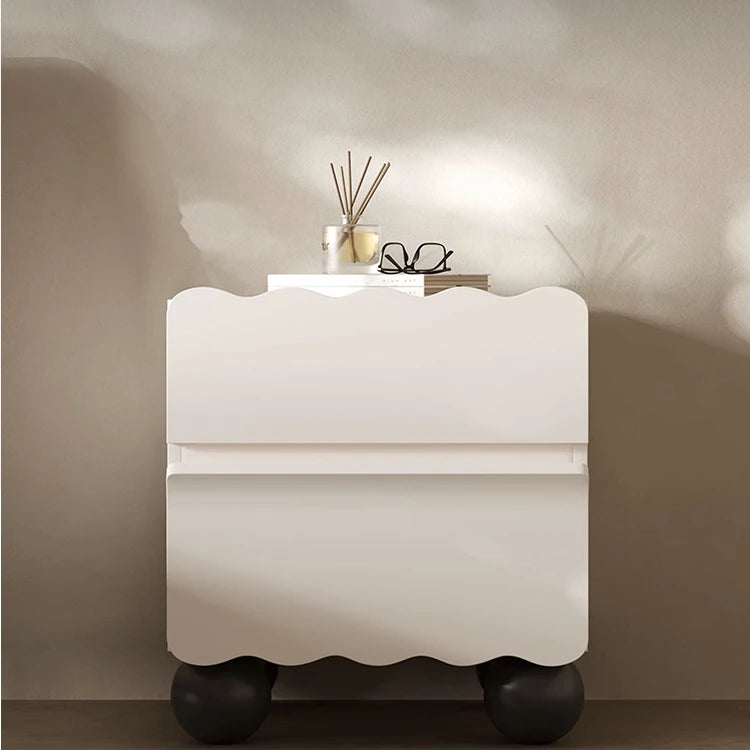 Chic White Bedside Cupboard with Stylish Scalloped Design and Black Ball Feet - Modern Density Board Pine Furniture fjd-4736