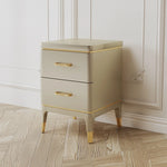 Elegant Solid Wood Nightstand with Multi-Layer Board and Gold Accent – Modern Two-Drawer End Table for Bedroom Storage fjfn-5275