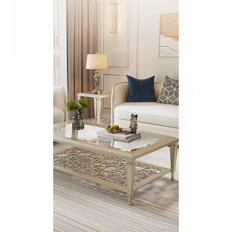 Elegant Solid Wood Coffee Table with Tempered Glass Top – Stylish Living Room Accent Furniture fjfn-5276