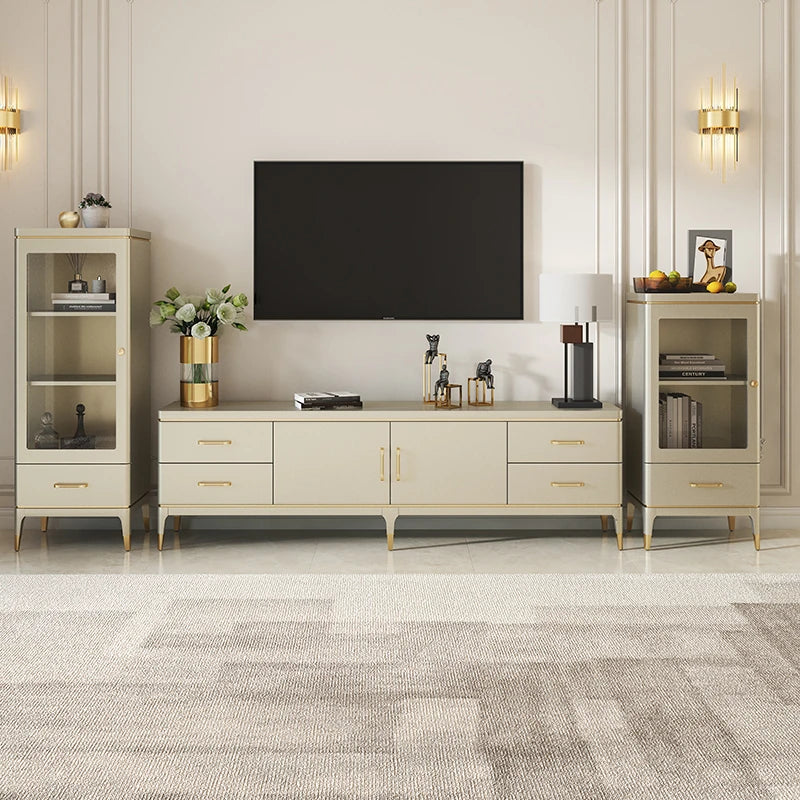Modern Pine Multi-Layer Board TV Stand with Elegant Gold Accents – Stylish Entertainment Center Solution fjfn-5278