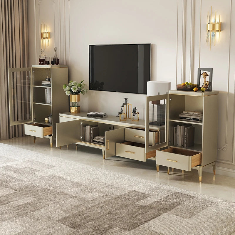 Modern Pine Multi-Layer Board TV Stand with Elegant Gold Accents – Stylish Entertainment Center Solution fjfn-5278