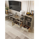 Modern Pine Multi-Layer Board TV Stand with Elegant Gold Accents – Stylish Entertainment Center Solution fjfn-5278