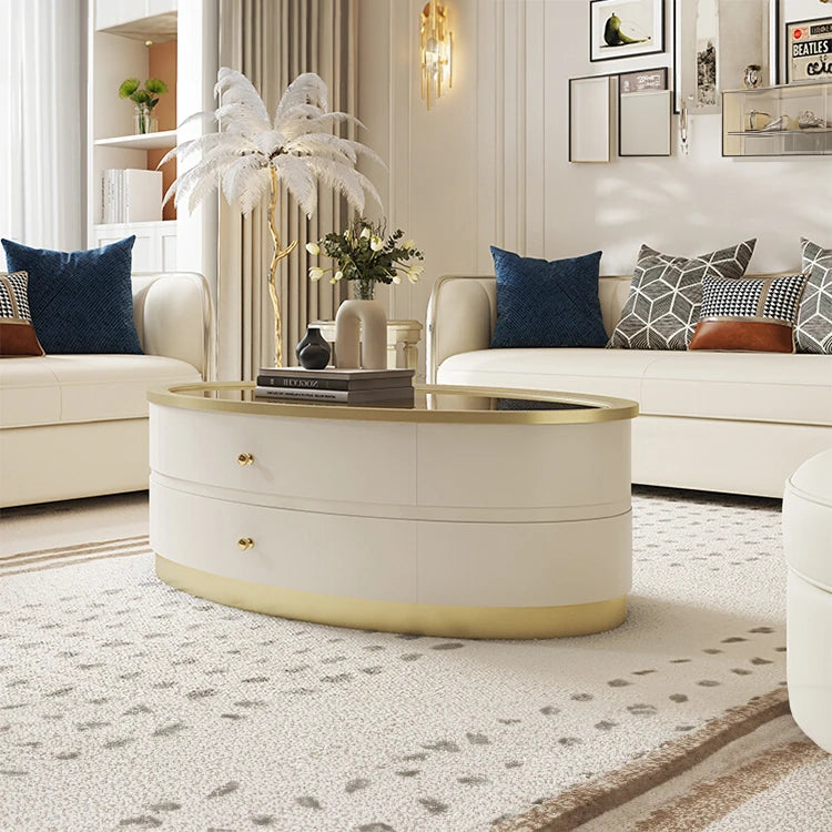 Elegant Oval Coffee Table with Tempered Glass Top and Solid Wood Base - Modern Living Room Centerpiece fjfn-5288