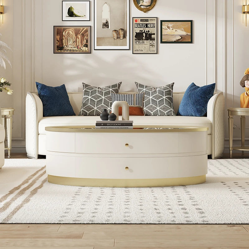 Elegant Oval Coffee Table with Tempered Glass Top and Solid Wood Base - Modern Living Room Centerpiece fjfn-5288