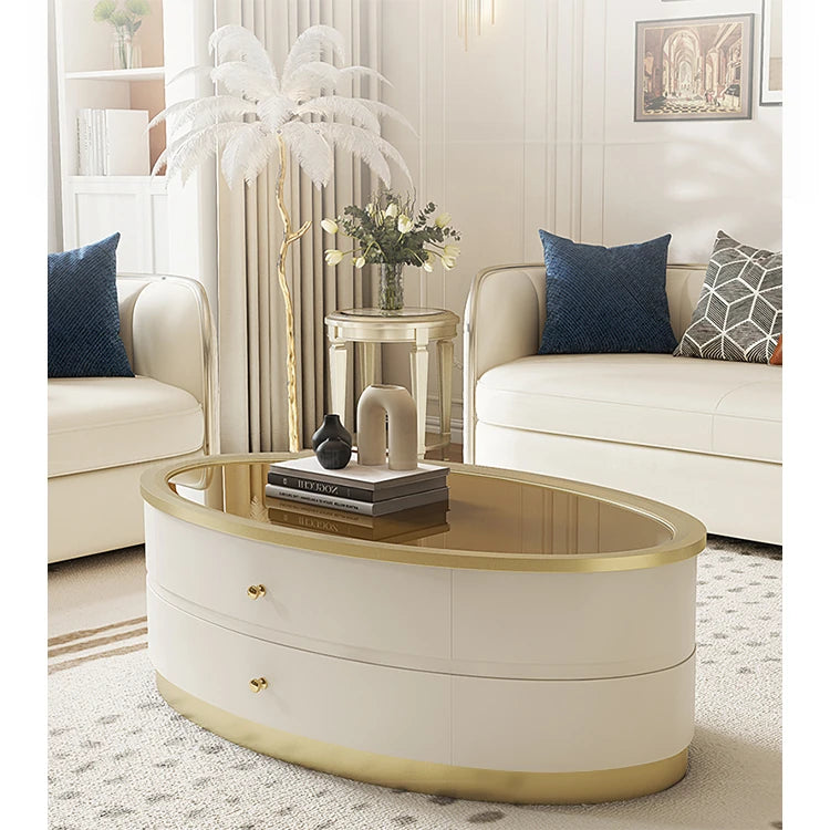 Elegant Oval Coffee Table with Tempered Glass Top and Solid Wood Base - Modern Living Room Centerpiece fjfn-5288
