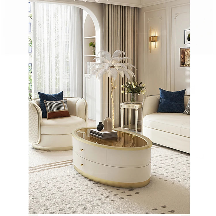 Elegant Oval Coffee Table with Tempered Glass Top and Solid Wood Base - Modern Living Room Centerpiece fjfn-5288