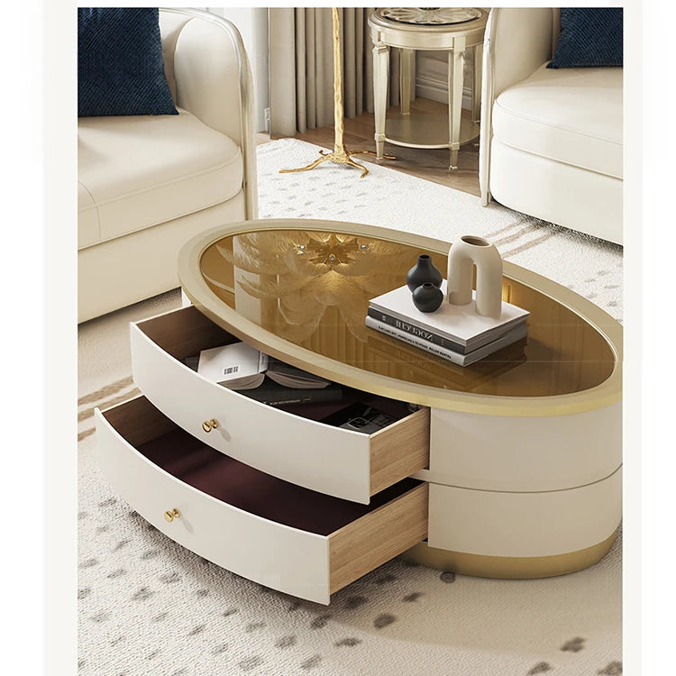Elegant Oval Coffee Table with Tempered Glass Top and Solid Wood Base - Modern Living Room Centerpiece fjfn-5288